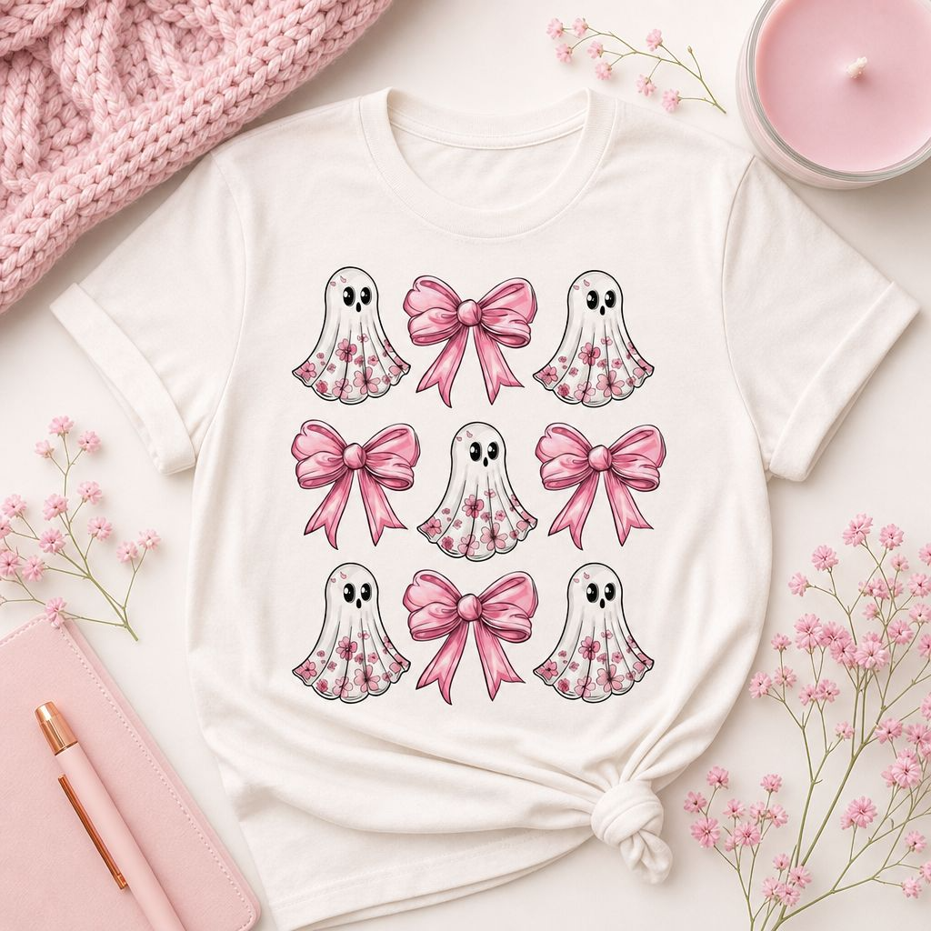 Pink ghost and bows Halloween t-shirt with floral ghost graphic on white tee