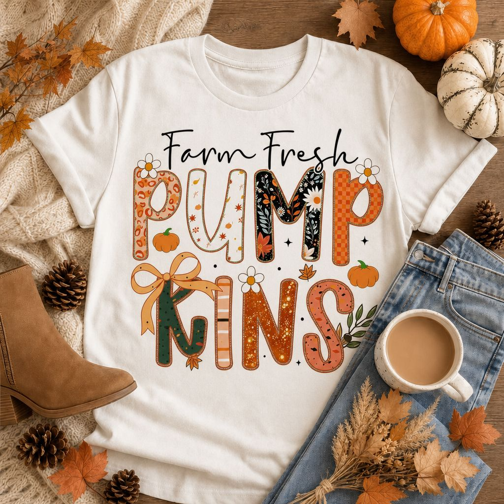 Farm Fresh Pumpkins t-shirt with patterned letters and bow graphic on white tee with autumn flat lay styling