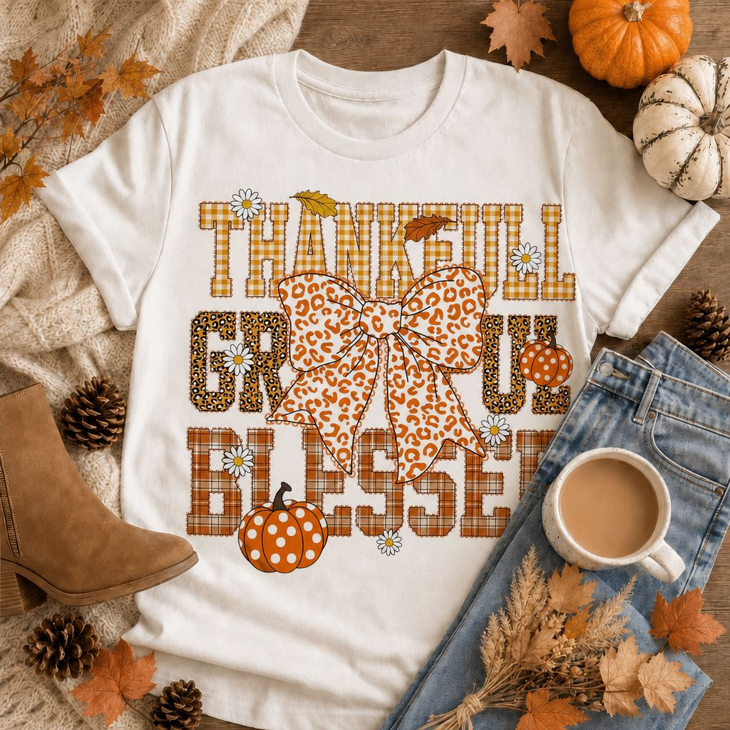 Thankful Grateful Blessed t-shirt with patterned letters and leopard bow on white tee with autumn flat lay styling