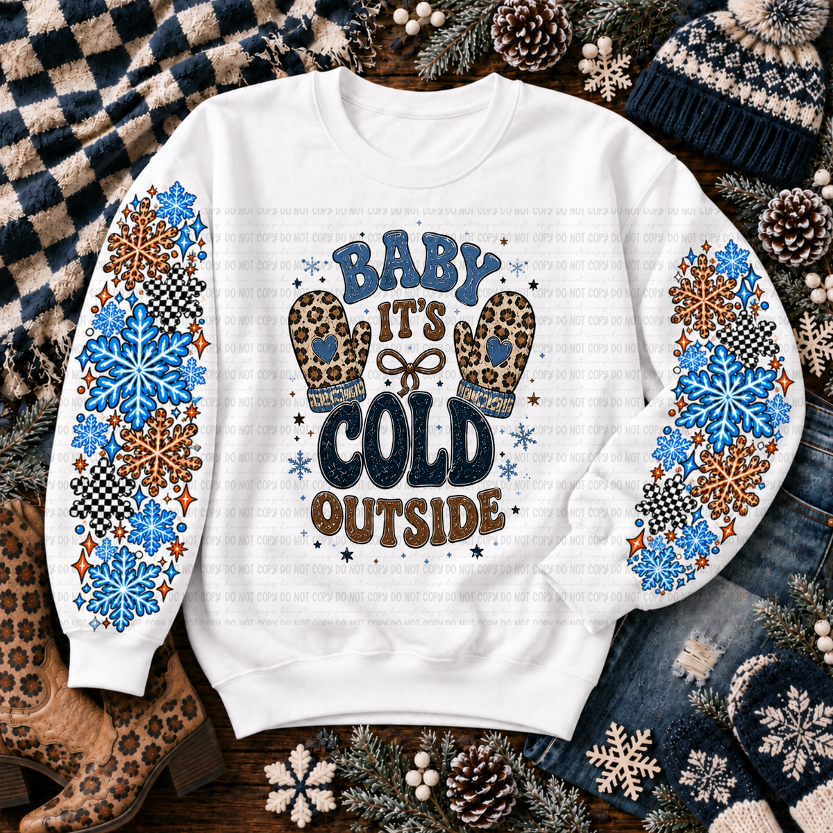 White Baby It's Cold Outside sweatshirt with colorful snowflake and mitten artwork