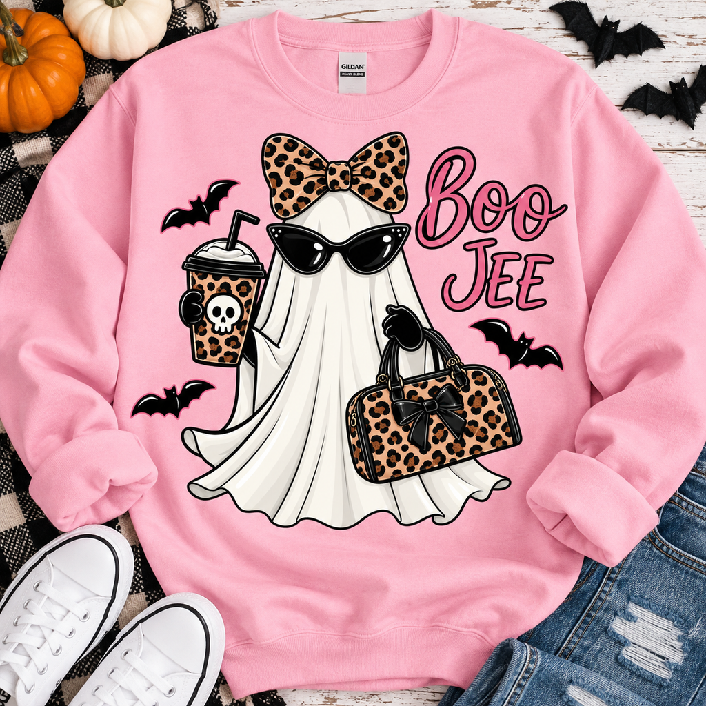Pink sweatshirt with Boo Jee glam ghost Halloween design