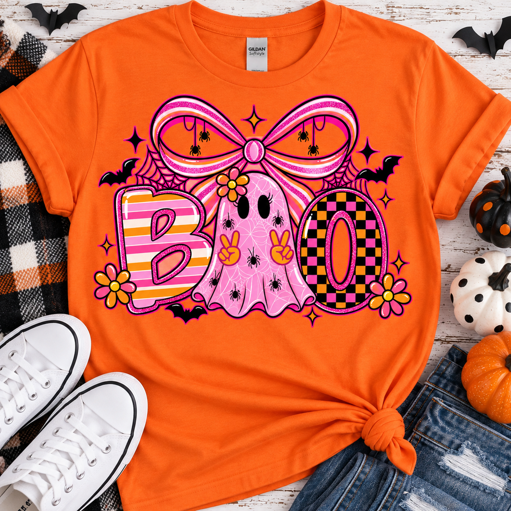Orange t-shirt with Boo ghost Halloween design