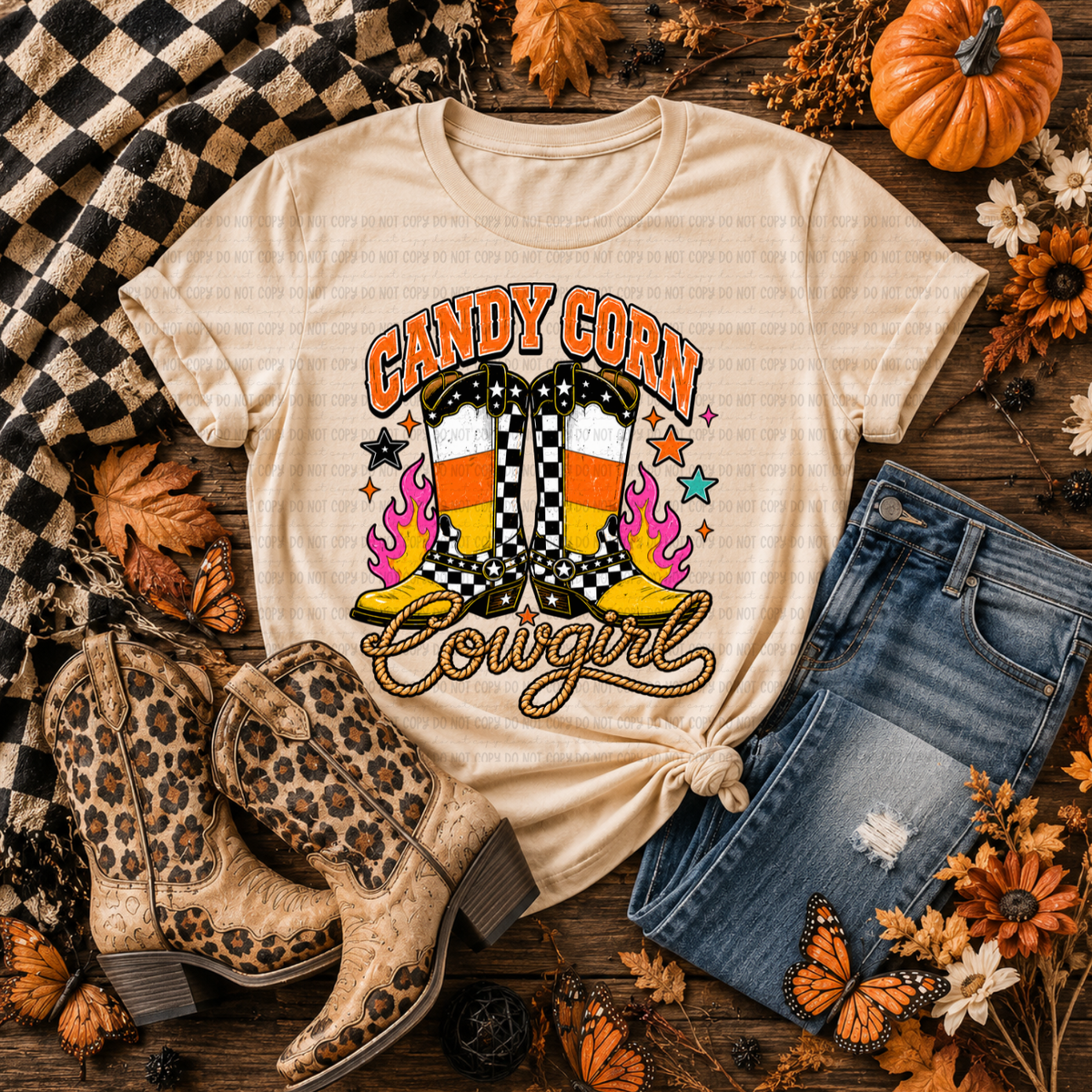 Candy Corn Cowgirl T-Shirt with colorful western cowboy boot artwork