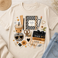 Teach Inspire Love teacher t-shirt with school supply collage graphic on natural tee