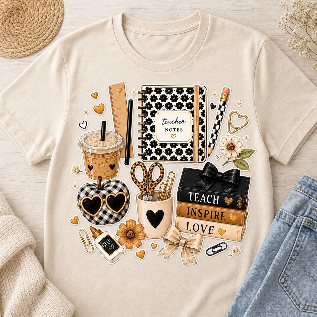Teach Inspire Love teacher t-shirt with school supply collage graphic on natural tee
