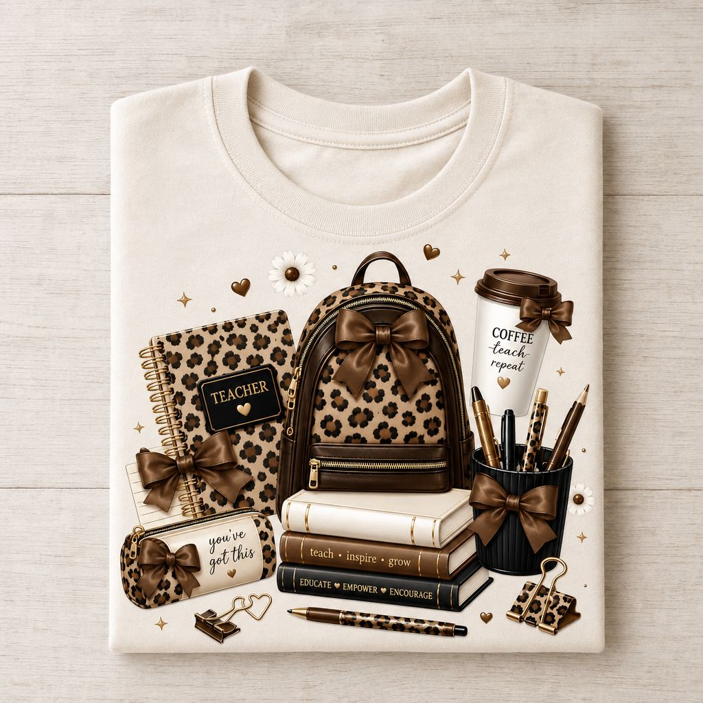 Coffee Teach Repeat teacher t-shirt with leopard backpack and school supply collage on white tee