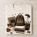 Coffee Teach Repeat teacher t-shirt with leopard backpack and school supply collage on white tee