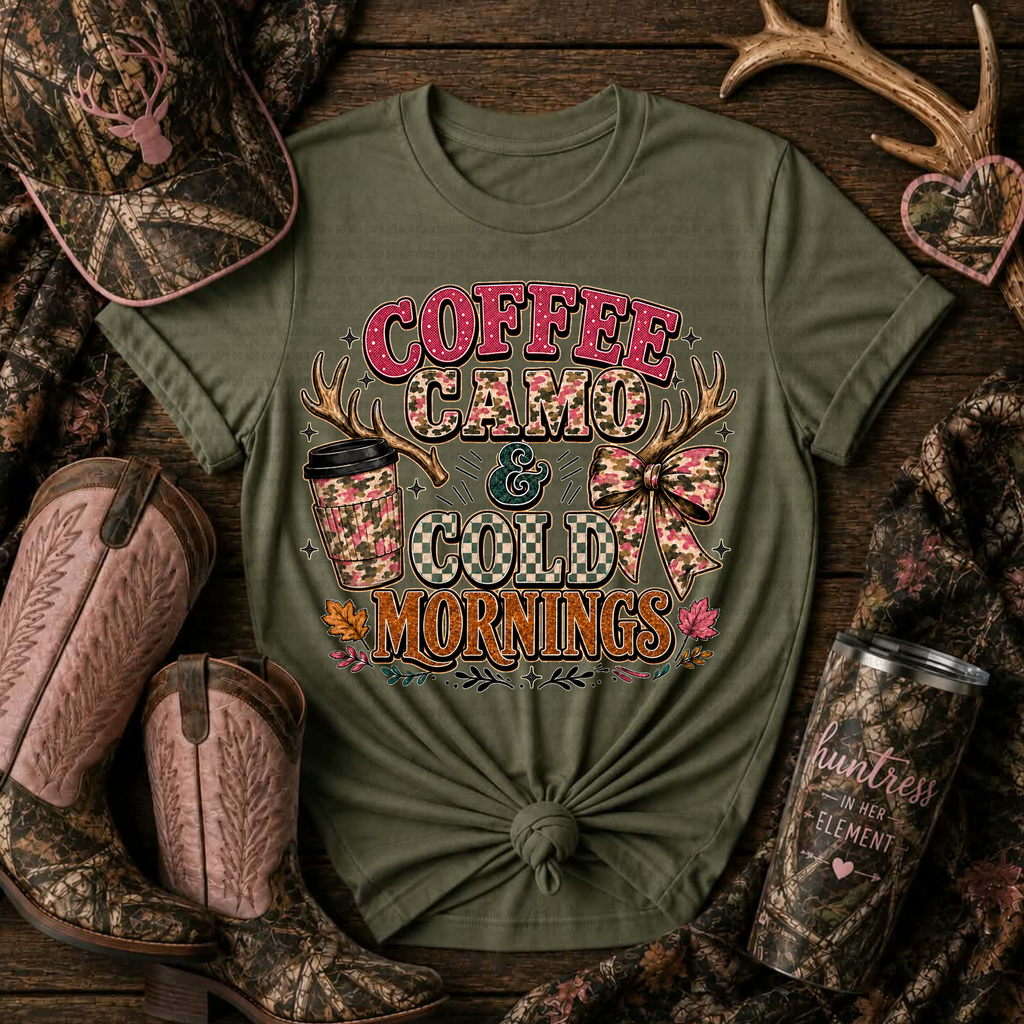 Coffee Camo and Cold Mornings graphic t-shirt in military green