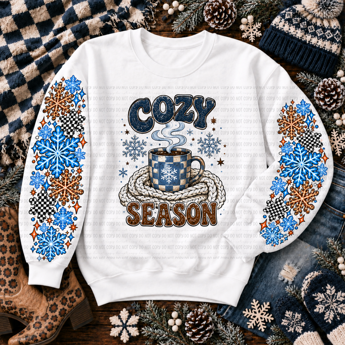 White Cozy Season sweatshirt with a coffee cup, snowflakes, and winter details