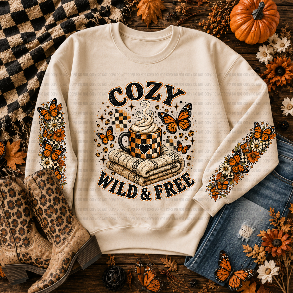 Cream Cozy and Wild sweatshirt with a coffee cup, butterflies, and autumn flowers