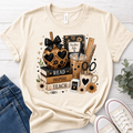 Read Inspire Teach Teacher Life t-shirt with boho school supply collage on natural tee