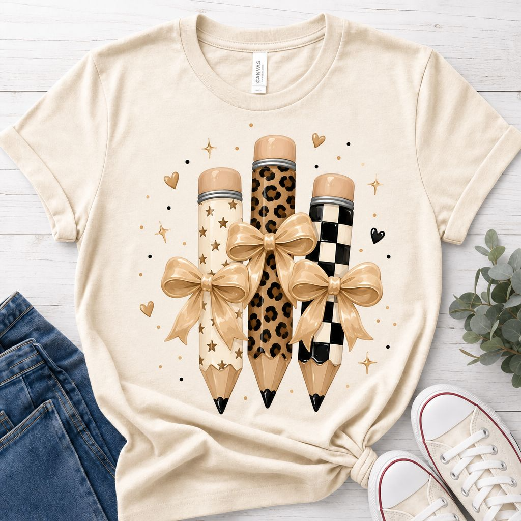 Coquette pencils teacher t-shirt with star, leopard and checker pencils with gold bows on natural tee