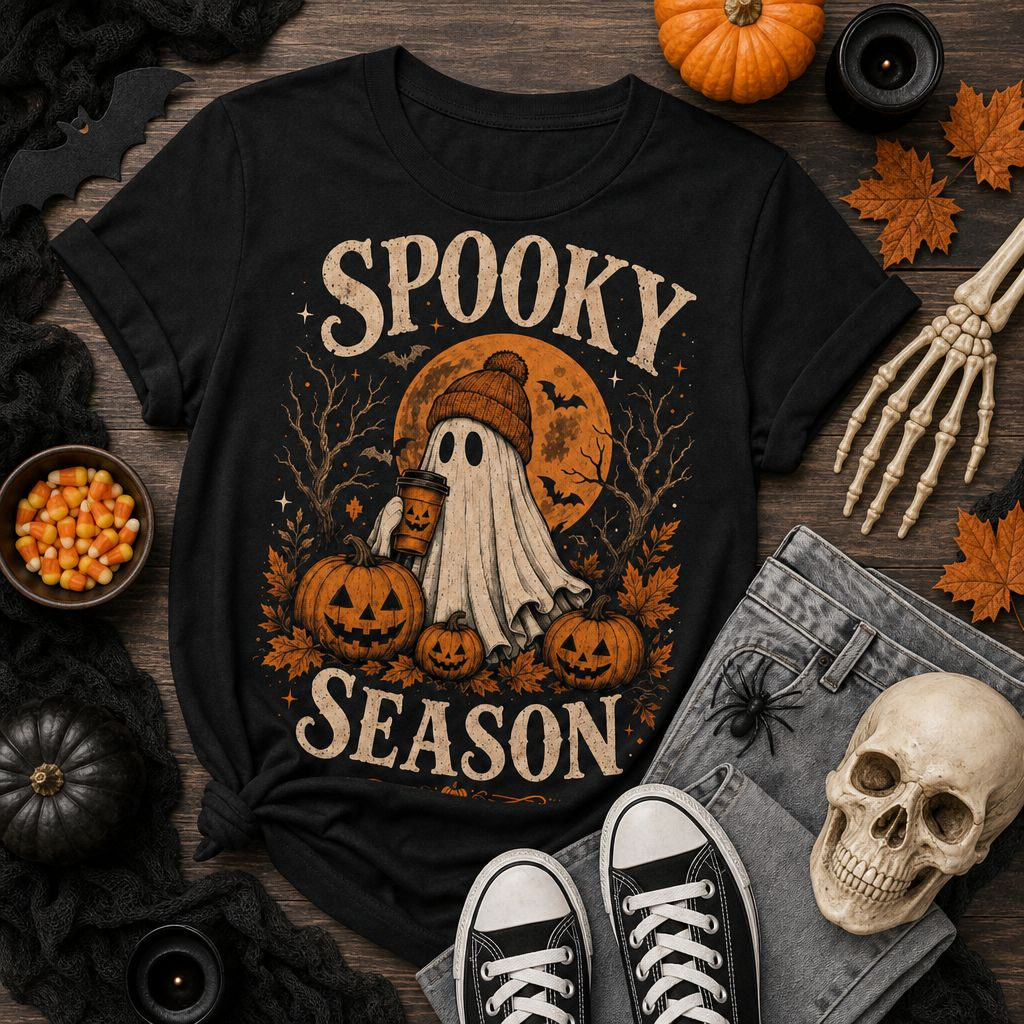 Spooky Season ghost t-shirt with vintage Halloween graphic on black tee