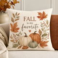 Fall is My Favorite 14x14 spun polyester square pillow with watercolor pumpkins and maple leaves on cream background