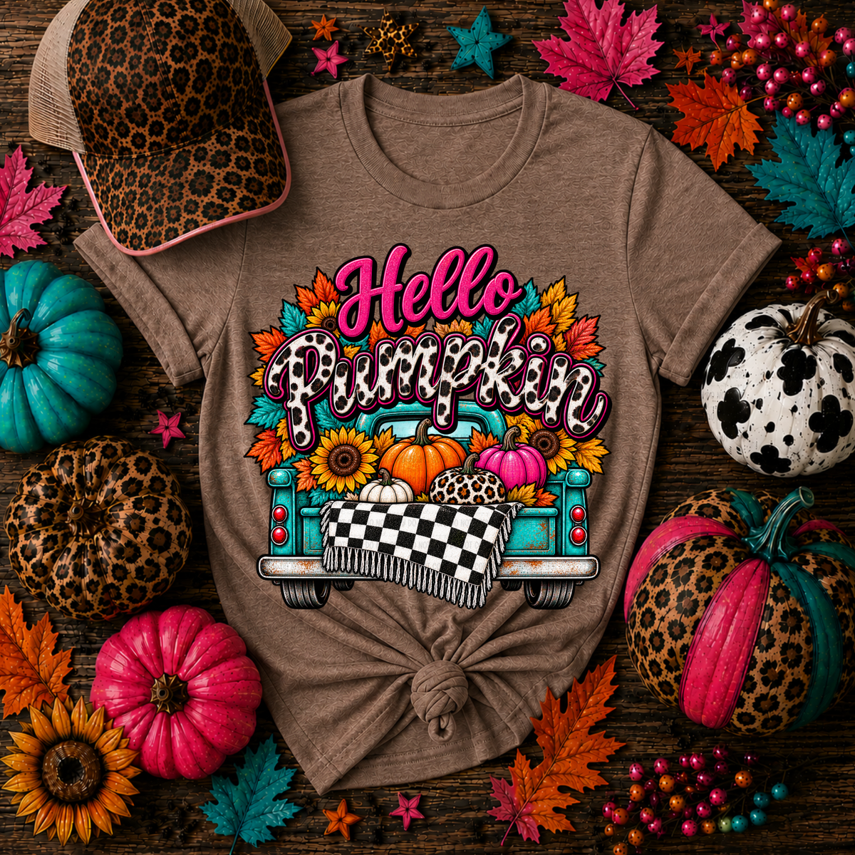 Hello Pumpkin graphic tee with vintage teal truck, sunflowers, leopard print pumpkins, and fall leaves