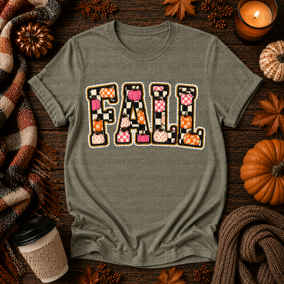FALL glitter stitch pumpkin pattern graphic t-shirt in heather olive