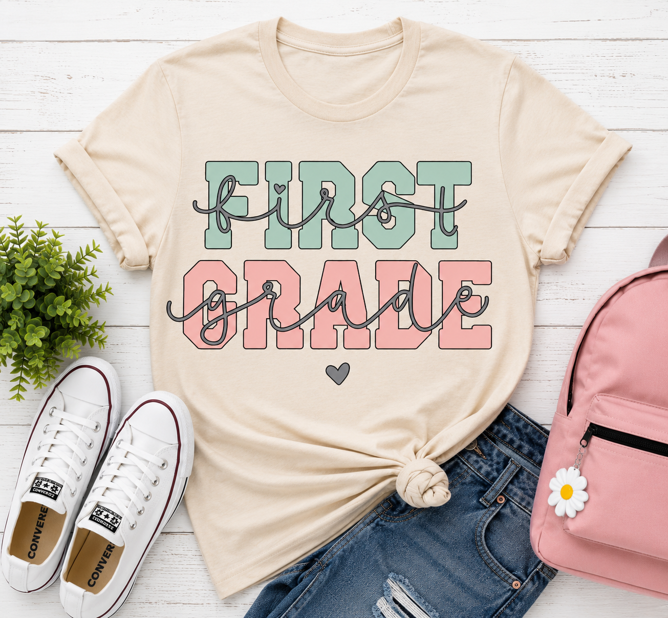 First Grade retro pastel t-shirt in natural tan