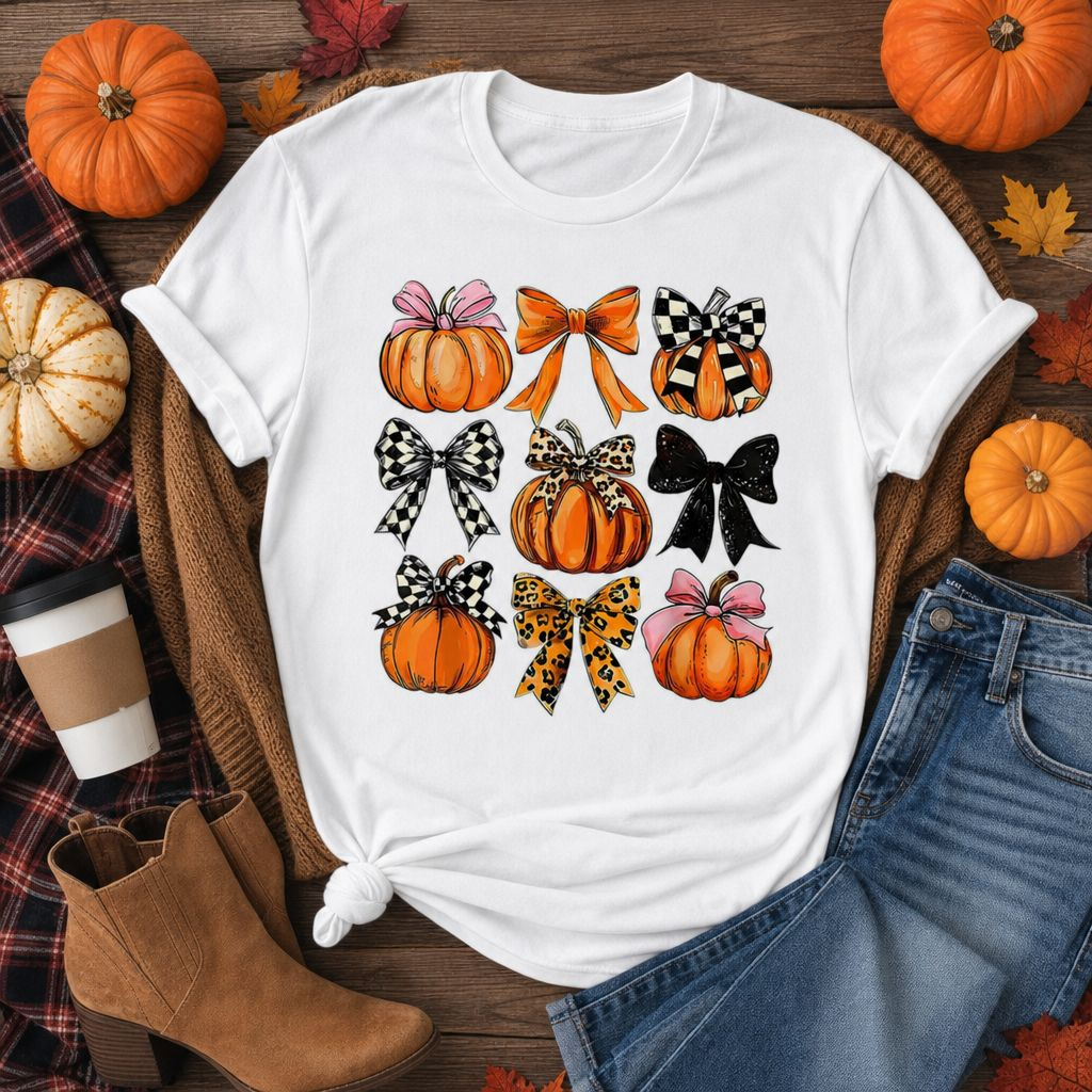 Pumpkins and bows fall graphic t-shirt on white tee with autumn flat lay styling