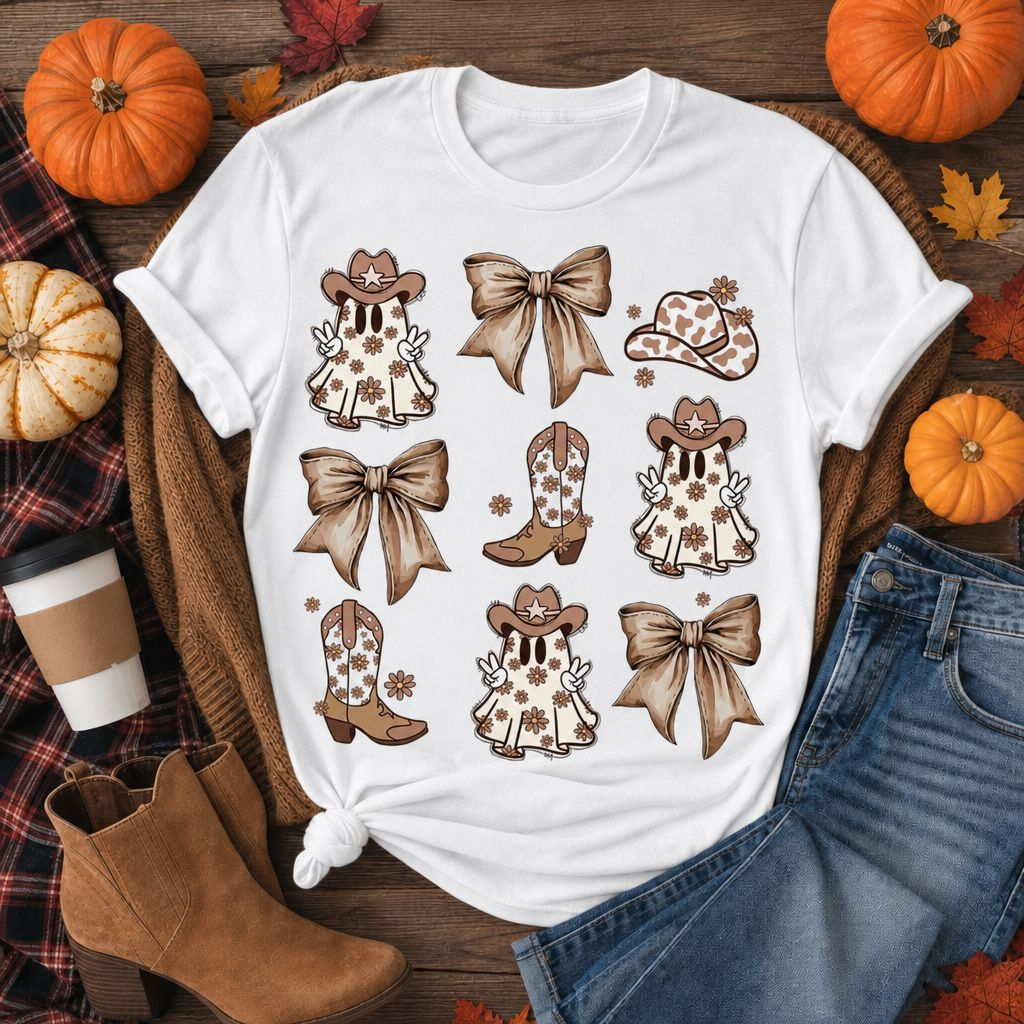 Cowboy ghost Halloween t-shirt with western bows and boots graphic on white tee