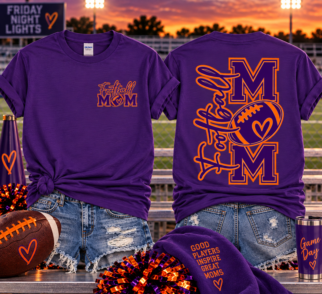Purple Football Mom t-shirt with front pocket design and varsity back print