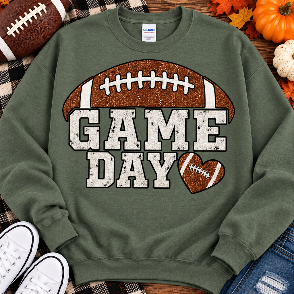 Military green sweatshirt with Game Day glitter football design