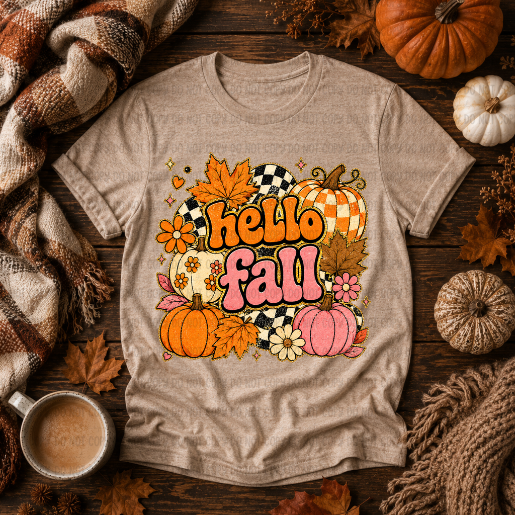 Hello Fall retro pumpkins graphic t-shirt in heather tan