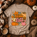 Hello Fall retro pumpkins graphic t-shirt in heather tan