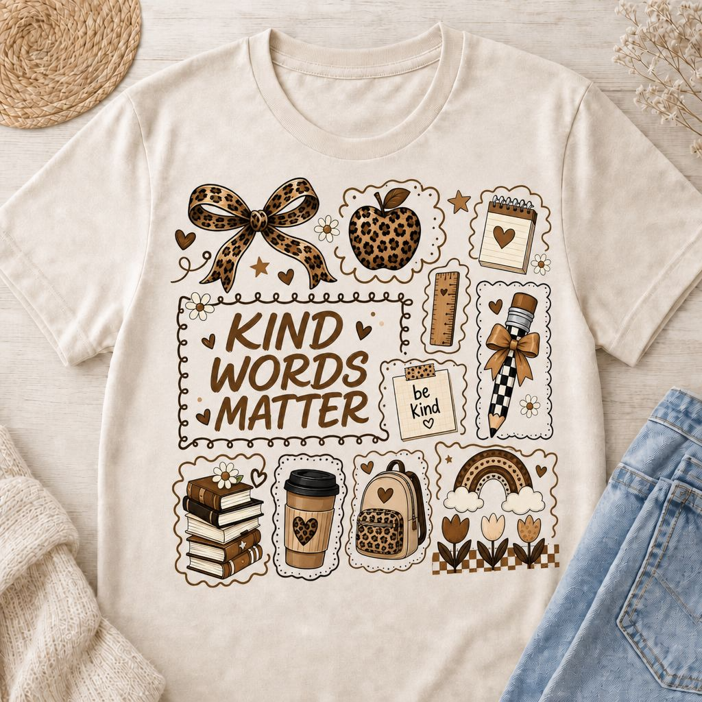 Kind Words Matter teacher t-shirt with leopard and school supply stamp collage on natural tee