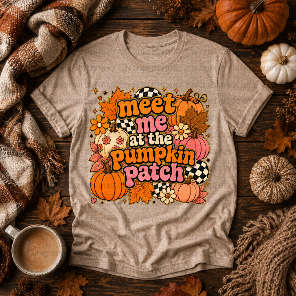 Meet Me at the Pumpkin Patch retro graphic t-shirt in heather tan