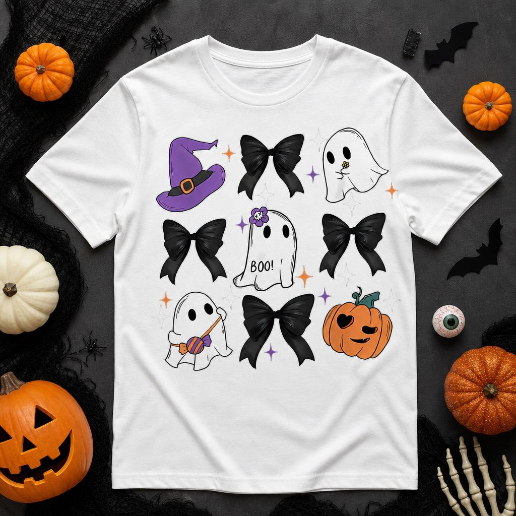 Ghost bows and witch hat Halloween t-shirt with purple and black graphic on white tee