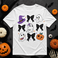 Ghost bows and witch hat Halloween t-shirt with purple and black graphic on white tee