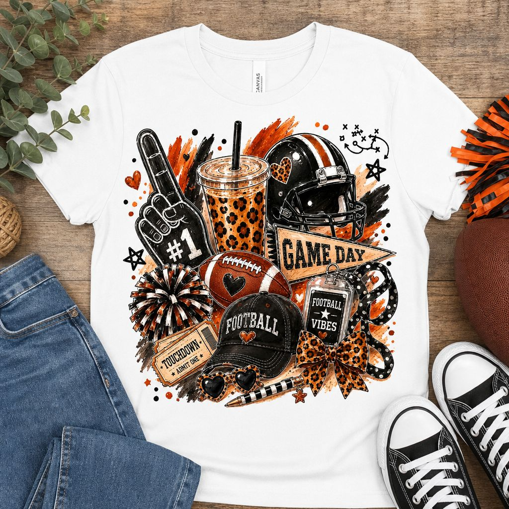 Game Day Football Vibes t-shirt with leopard and orange collage graphic on white tee