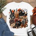 Game Day Football Vibes t-shirt with leopard and orange collage graphic on white tee