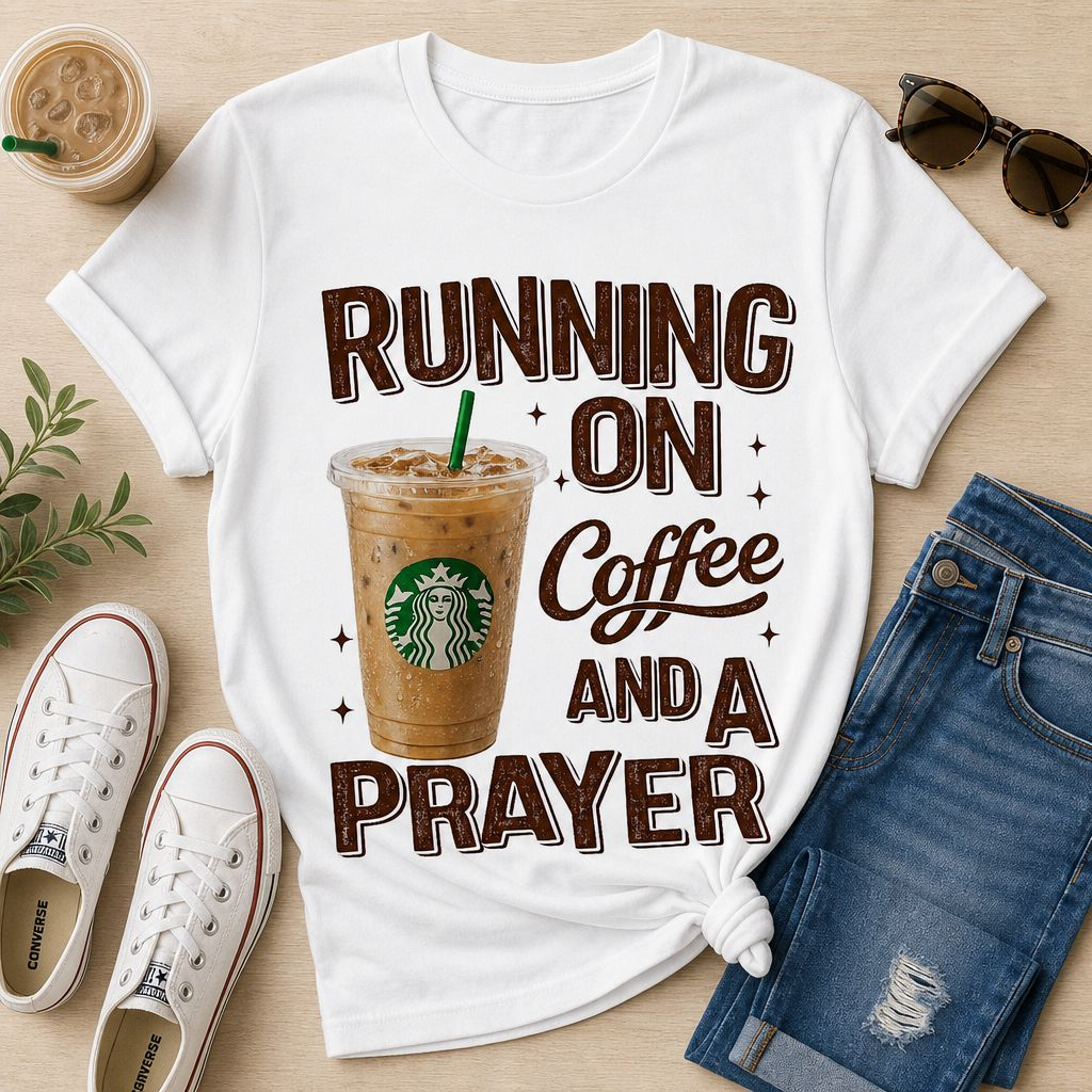Running on Coffee and a Prayer t-shirt with iced coffee graphic in brown tones on white tee