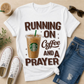 Running on Coffee and a Prayer t-shirt with iced coffee graphic in brown tones on white tee