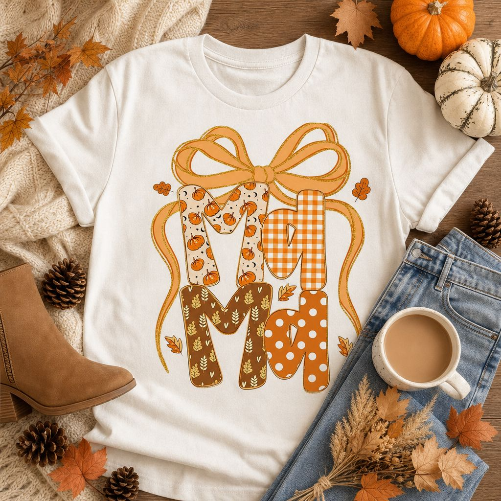 Fall Mama Bow t-shirt with patterned letters and golden bow graphic on white tee
