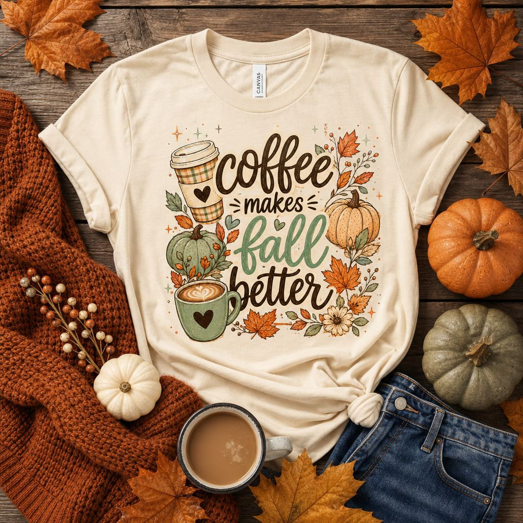 Coffee Makes Fall Better T-Shirt with latte cups, pumpkins, and autumn leaves design