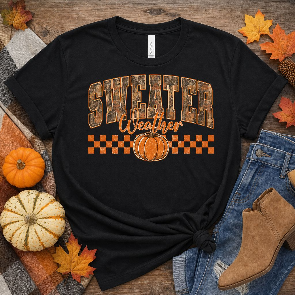 Sweater Weather fall t-shirt with camo varsity lettering and checker pumpkin graphic on black tee
