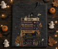 Halloween VHS Stack T-Shirt with classic horror movie graphic on charcoal tee