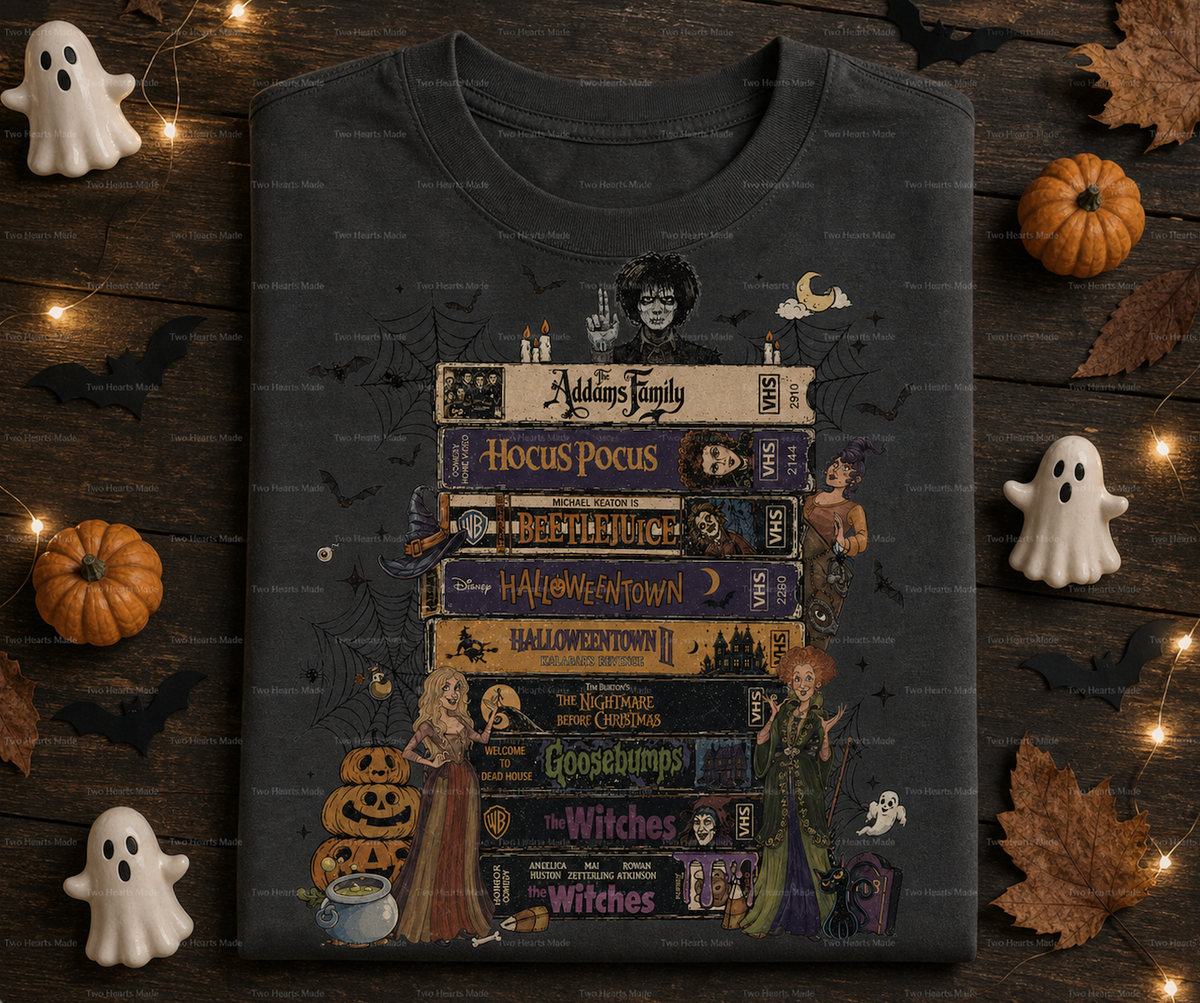Halloween VHS Stack T-Shirt with classic horror movie graphic on charcoal tee