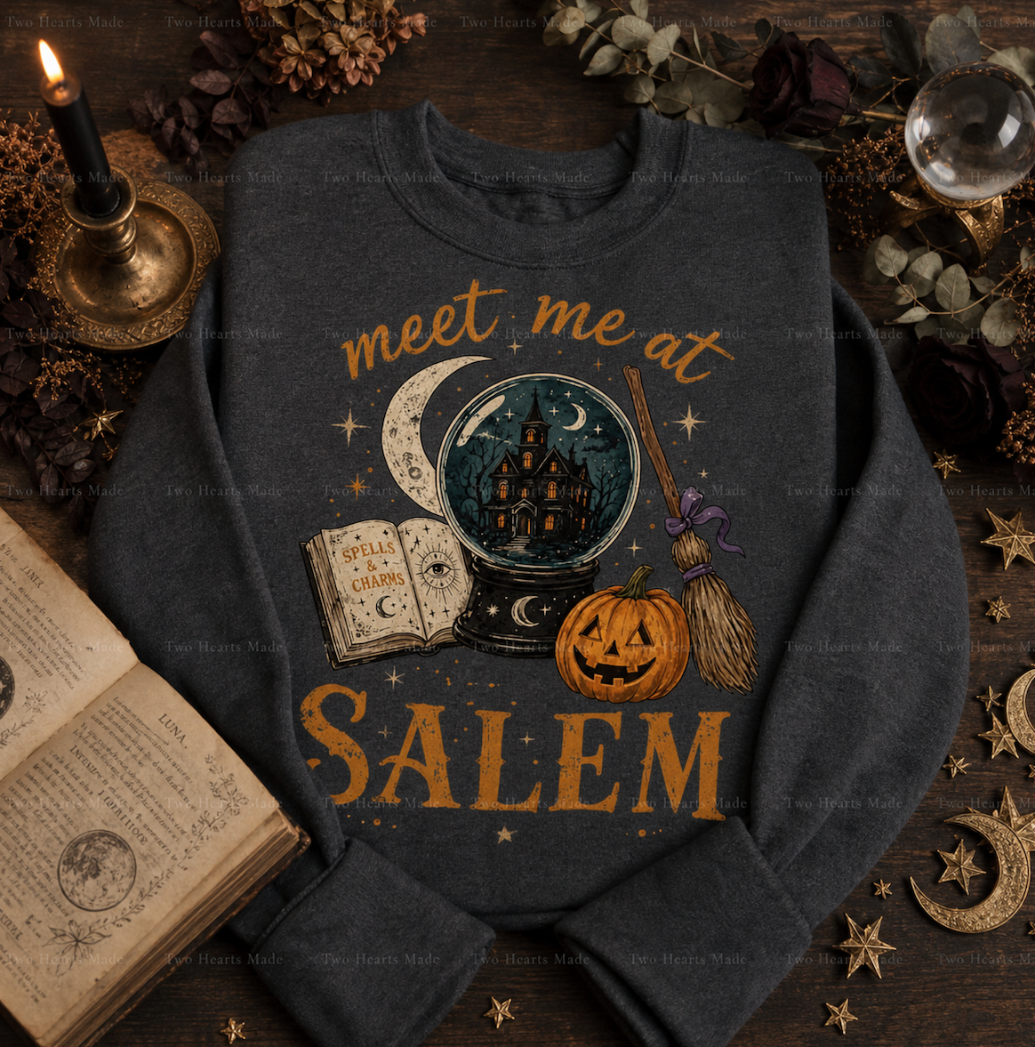 Meet Me at Salem Halloween sweatshirt with crystal ball haunted house and witch graphic on charcoal sweatshirt