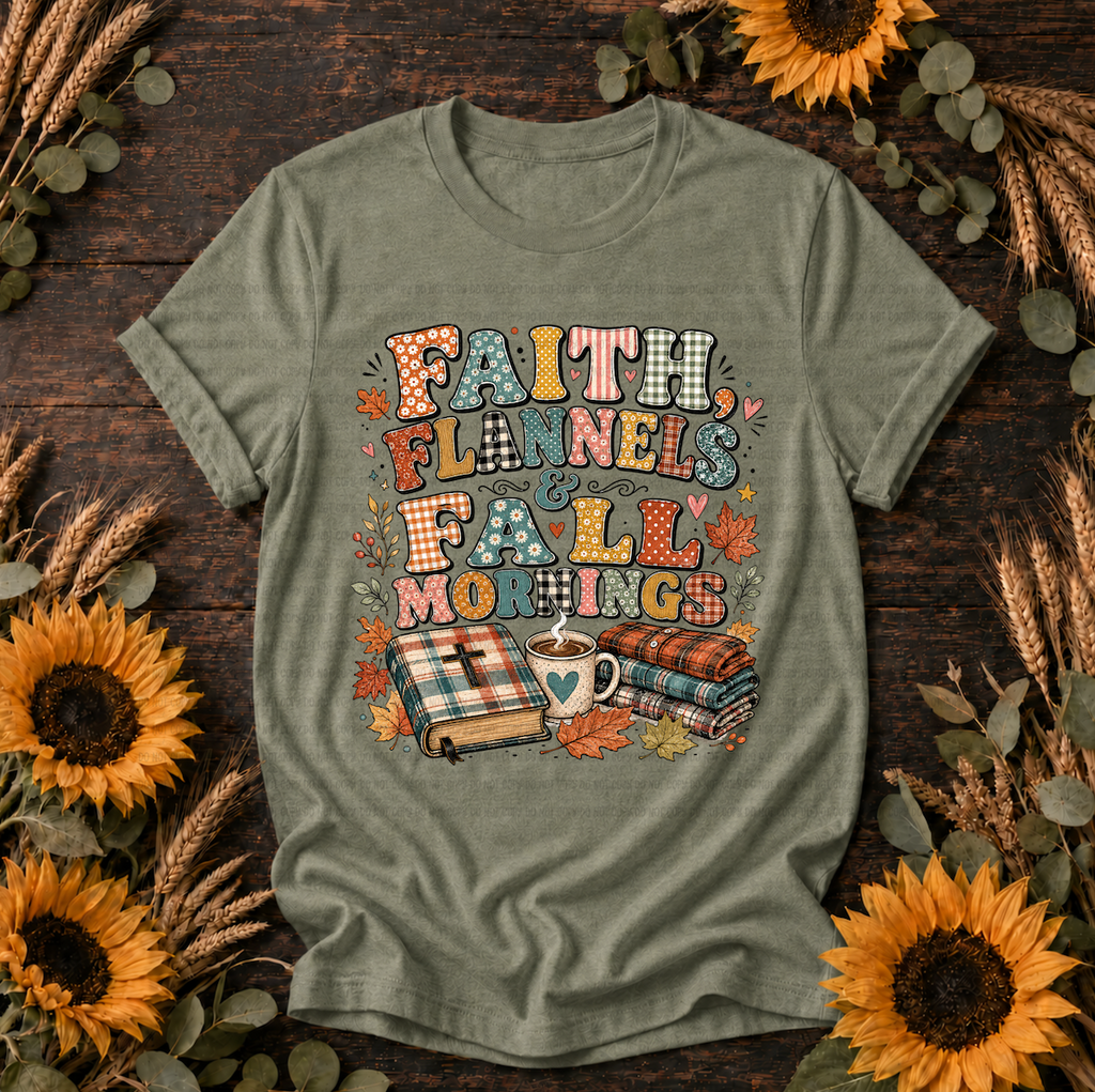 Faith, Flannels & Fall Mornings T-Shirt with Bible, coffee mug, and flannel design