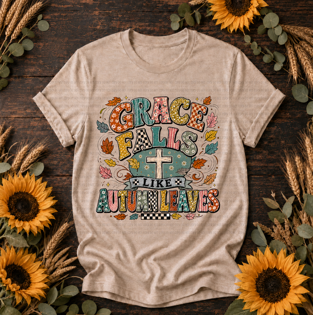 Grace Falls Like Autumn Leaves T-Shirt with cross and colorful autumn leaves design