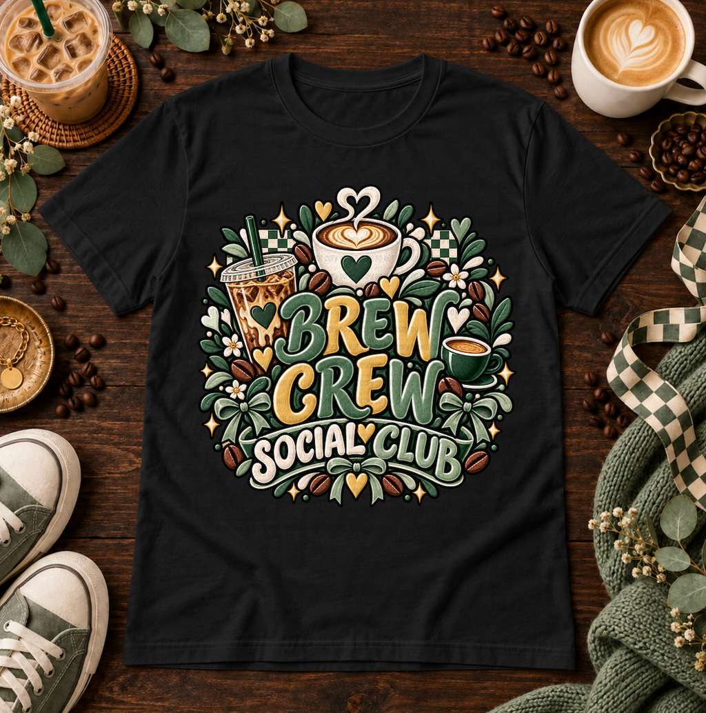 Black graphic T-shirt with coffee cups, coffee beans, bows, and the phrase Brew Crew Social Club