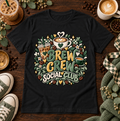 Black graphic T-shirt with coffee cups, coffee beans, bows, and the phrase Brew Crew Social Club