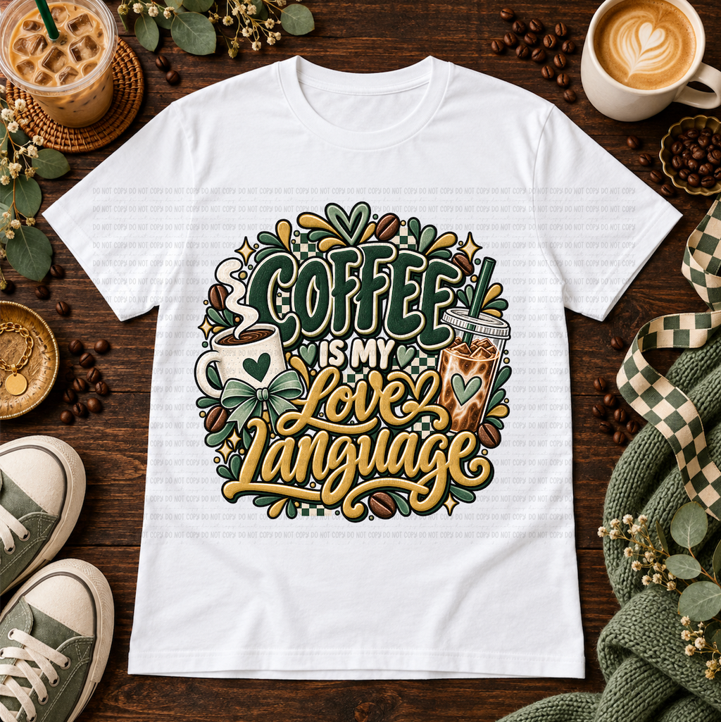 White graphic T-shirt with hot and iced coffee, bows, coffee beans, and the phrase Coffee Is My Love Language