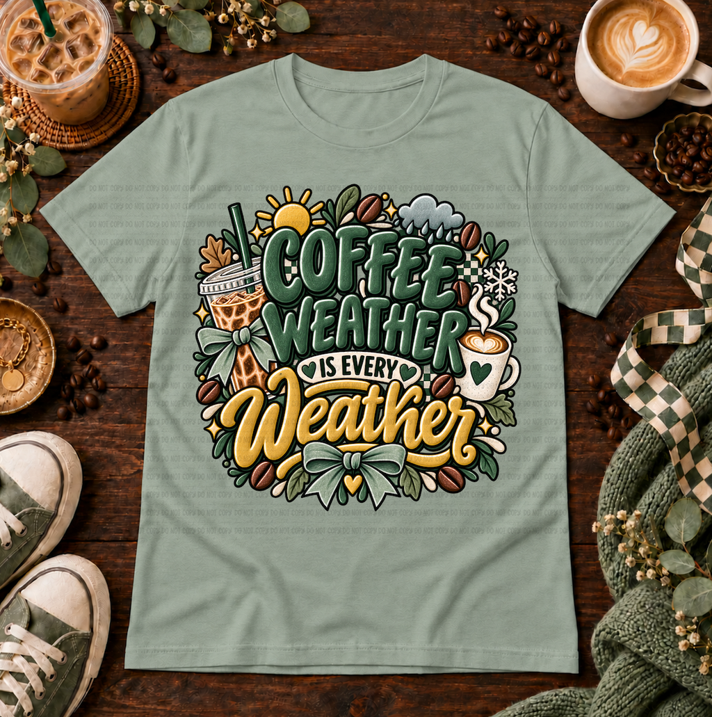 Sage green graphic T-shirt with hot and iced coffee, seasonal weather icons, bows, and the phrase Coffee Weather Is Every Weather