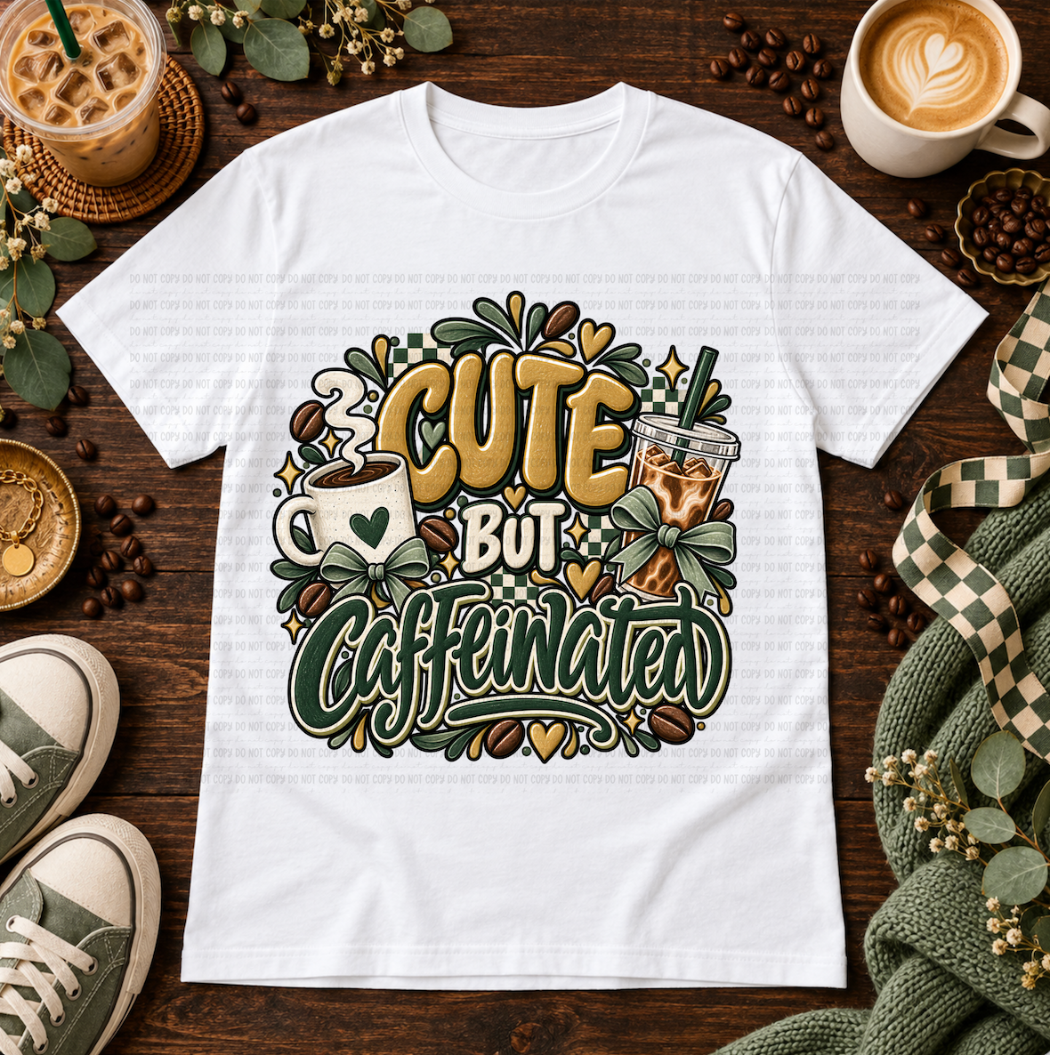 White graphic T-shirt with hot and iced coffee, bows, coffee beans, and the phrase Cute but Caffeinated