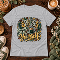 Heather grey t-shirt with Espresso Yourself coffee design