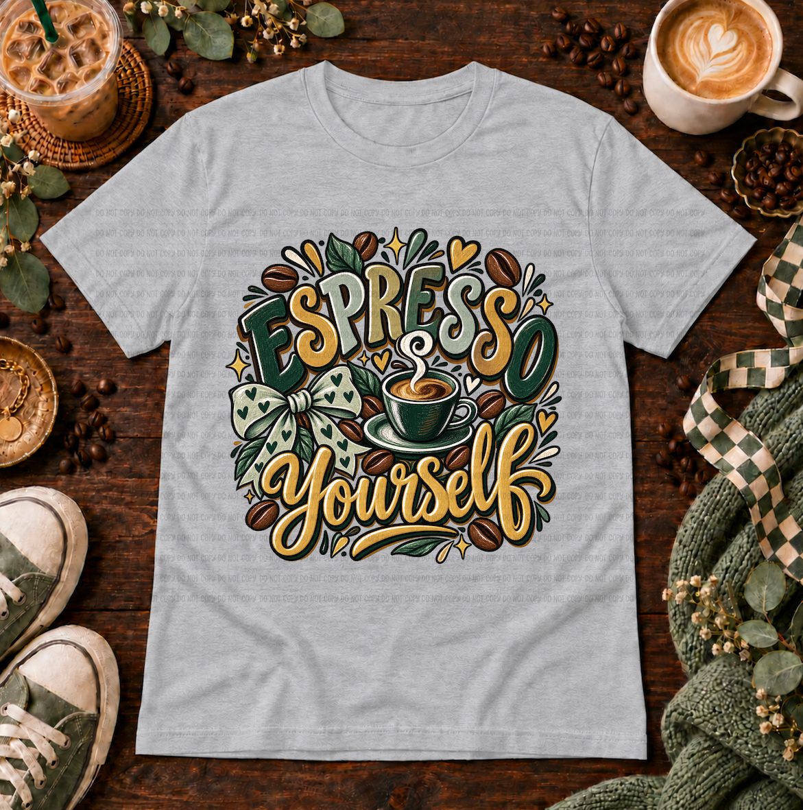 Heather grey t-shirt with Espresso Yourself coffee design